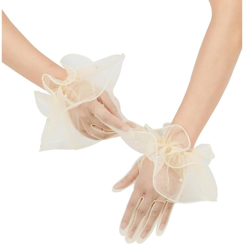 Women's Formal Evening Champagne Short Mesh Tulle Gloves Wedding Party Costume